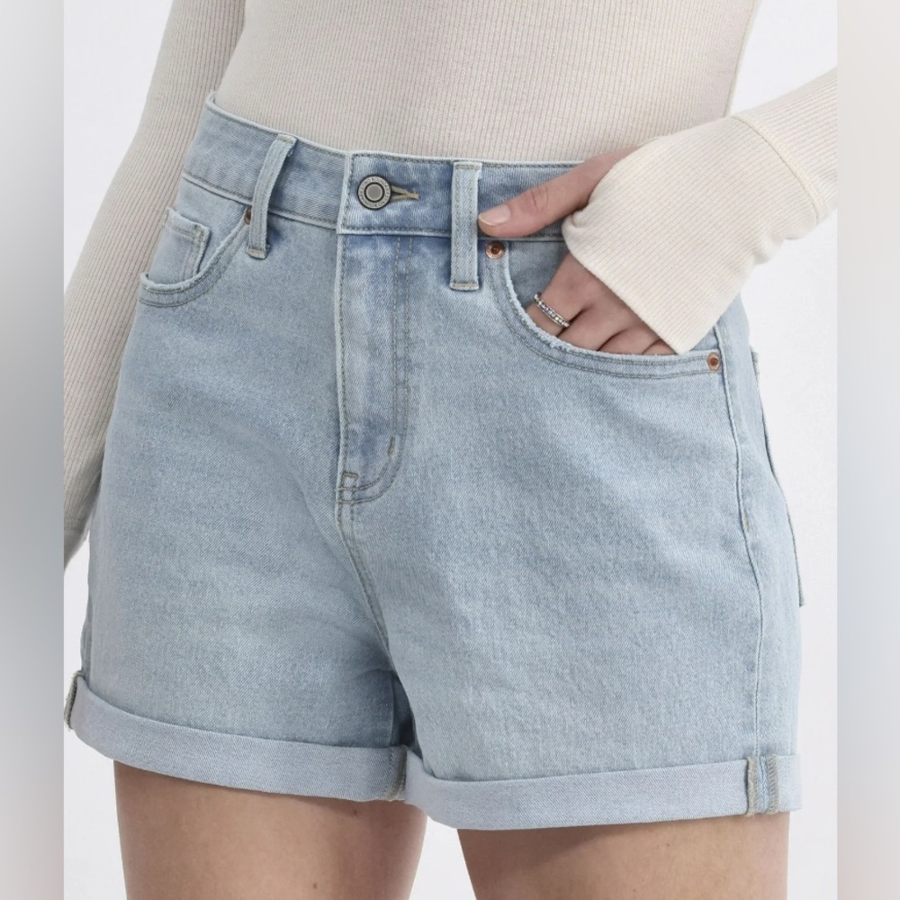 Light Wash Denim High Rise Cuffed Shorts Stretch Denim